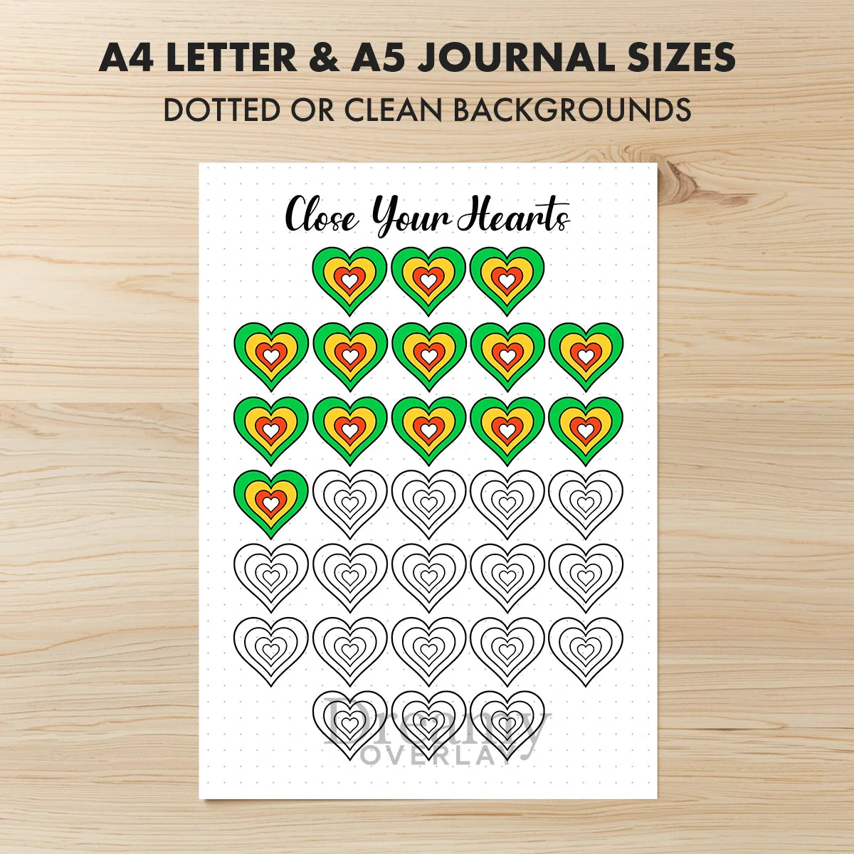 Printable exercise hearts fitness tracker monthly printable journal page in A4, A5 and US Letter size