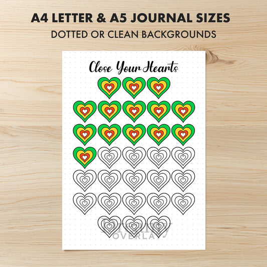 Printable exercise hearts fitness tracker monthly printable journal page in A4, A5 and US Letter size