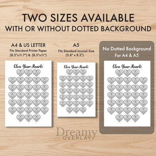 Printable exercise hearts fitness tracker monthly printable journal page in A4, A5 and US Letter size