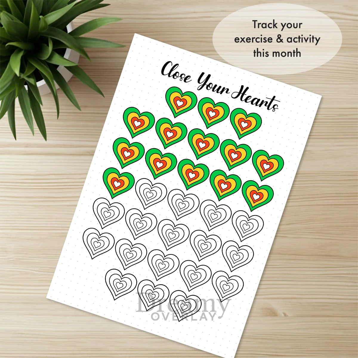 Printable exercise hearts fitness tracker monthly printable journal page in A4, A5 and US Letter size
