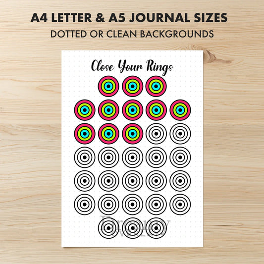 Printable exercise rings fitness tracker monthly printable journal page in A4, A5 and US Letter size