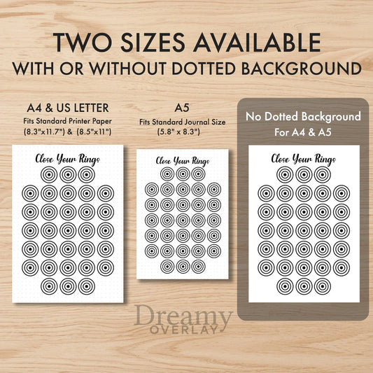 Printable exercise rings fitness tracker monthly printable journal page in A4, A5 and US Letter size