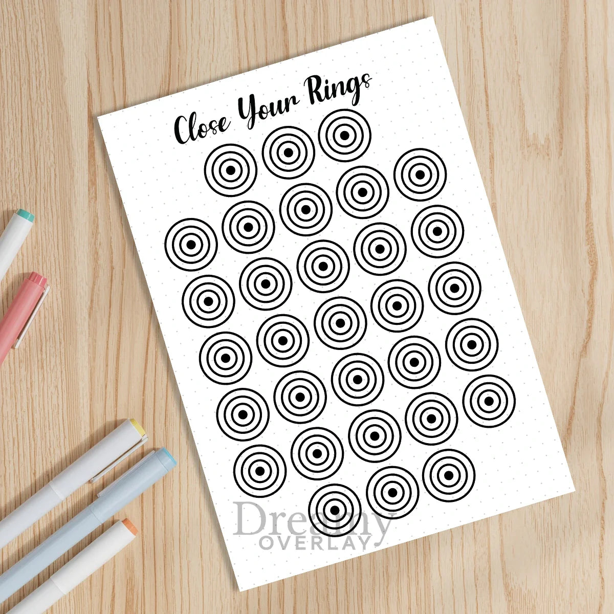 Printable exercise rings fitness tracker monthly printable journal page in A4, A5 and US Letter size