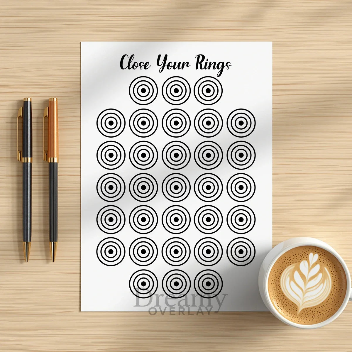 Printable exercise rings fitness tracker monthly printable journal page in A4, A5 and US Letter size