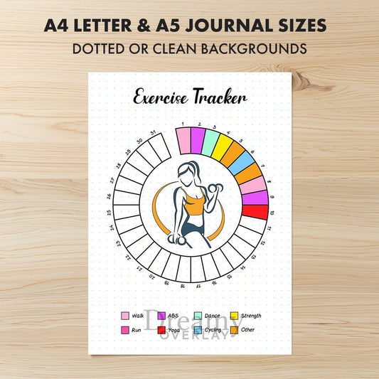Printable exercise tracker monthly printable journal page in A4, A5 and US Letter size
