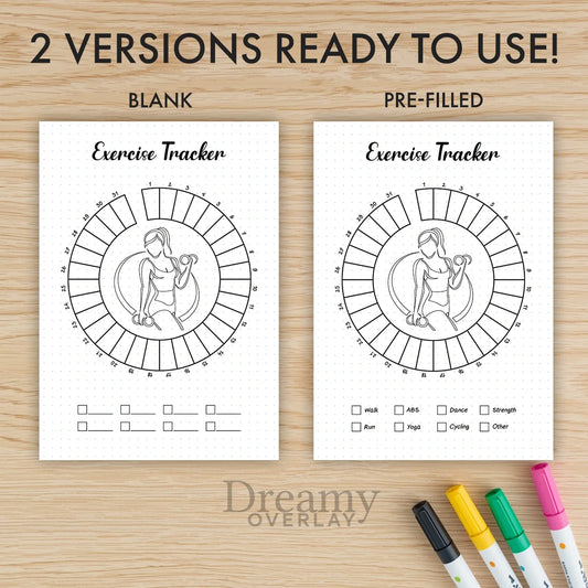 Printable exercise tracker monthly printable journal page in A4, A5 and US Letter size