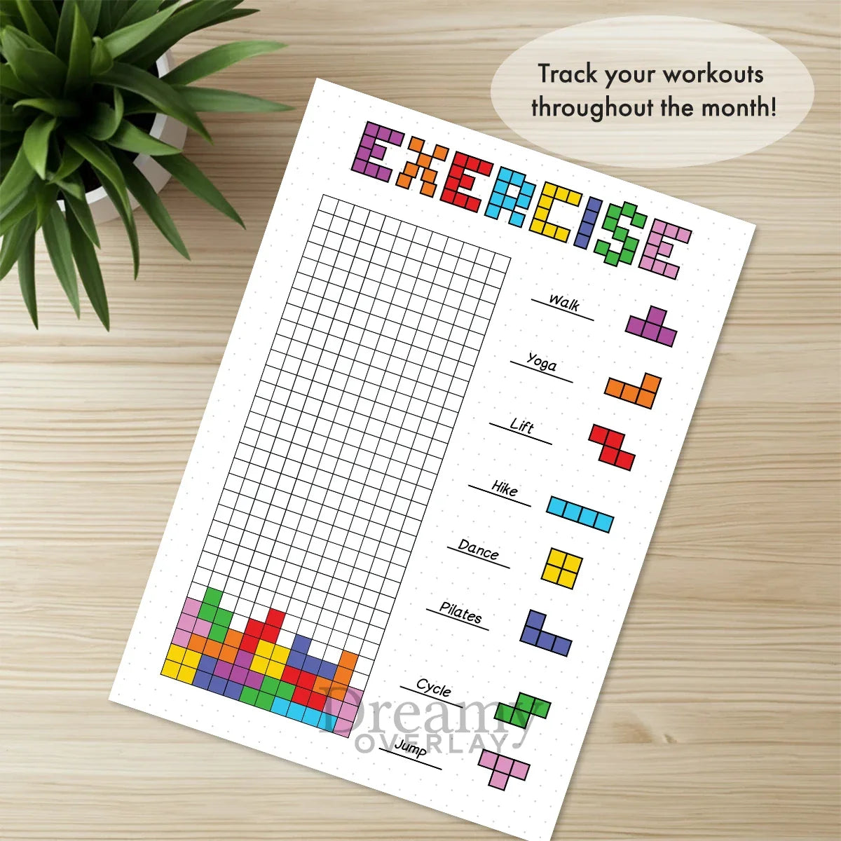 Printable exercising tracker journal page in A4, A5 and US Letter size