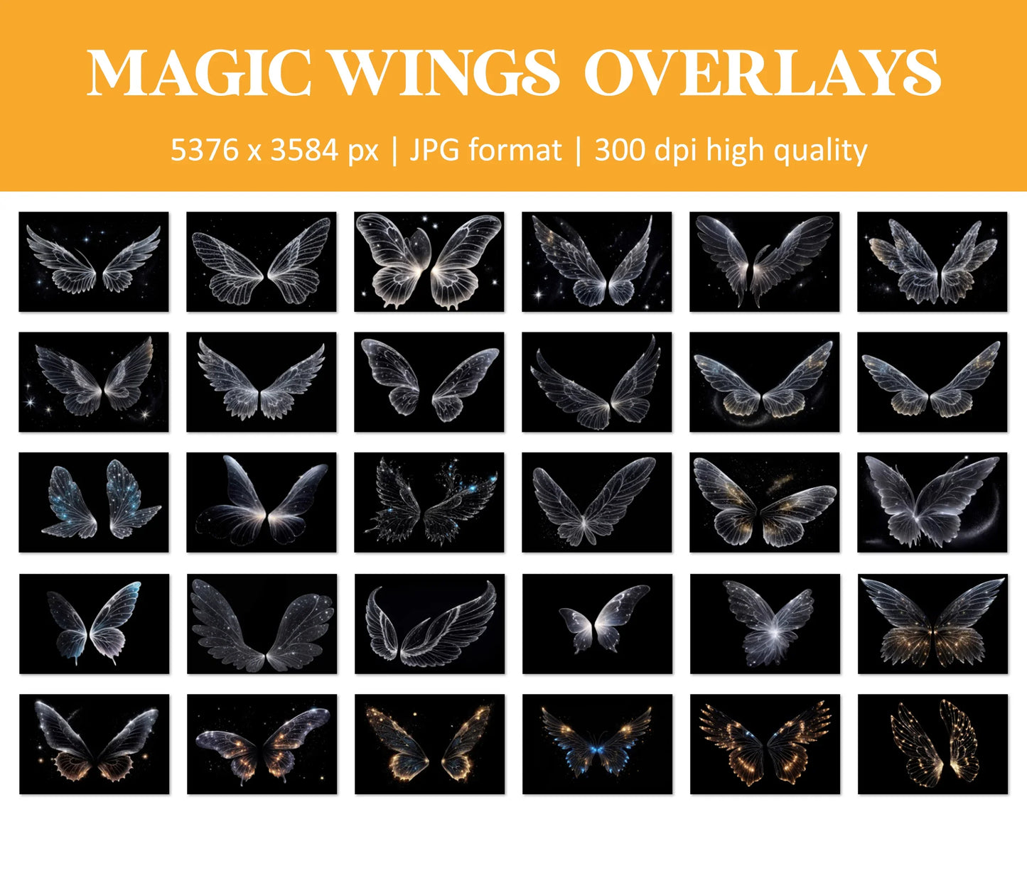 Fairy Wings Overlays for Photoshop - Sparkly Transparent PNG