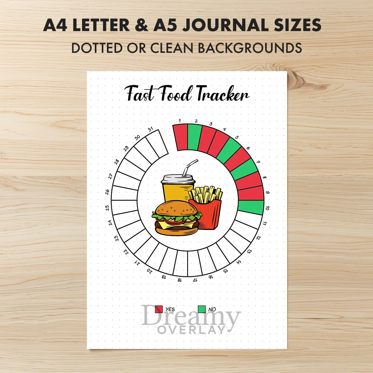 Printable fast food tracker monthly printable journal page in A4, A5 and US Letter size