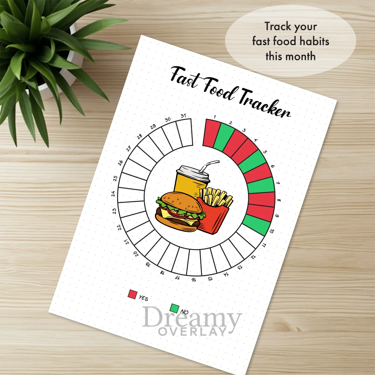 Printable fast food tracker monthly printable journal page in A4, A5 and US Letter size
