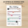 Printable fitness challenge tracker monthly printable journal page in A4, A5 and US Letter size