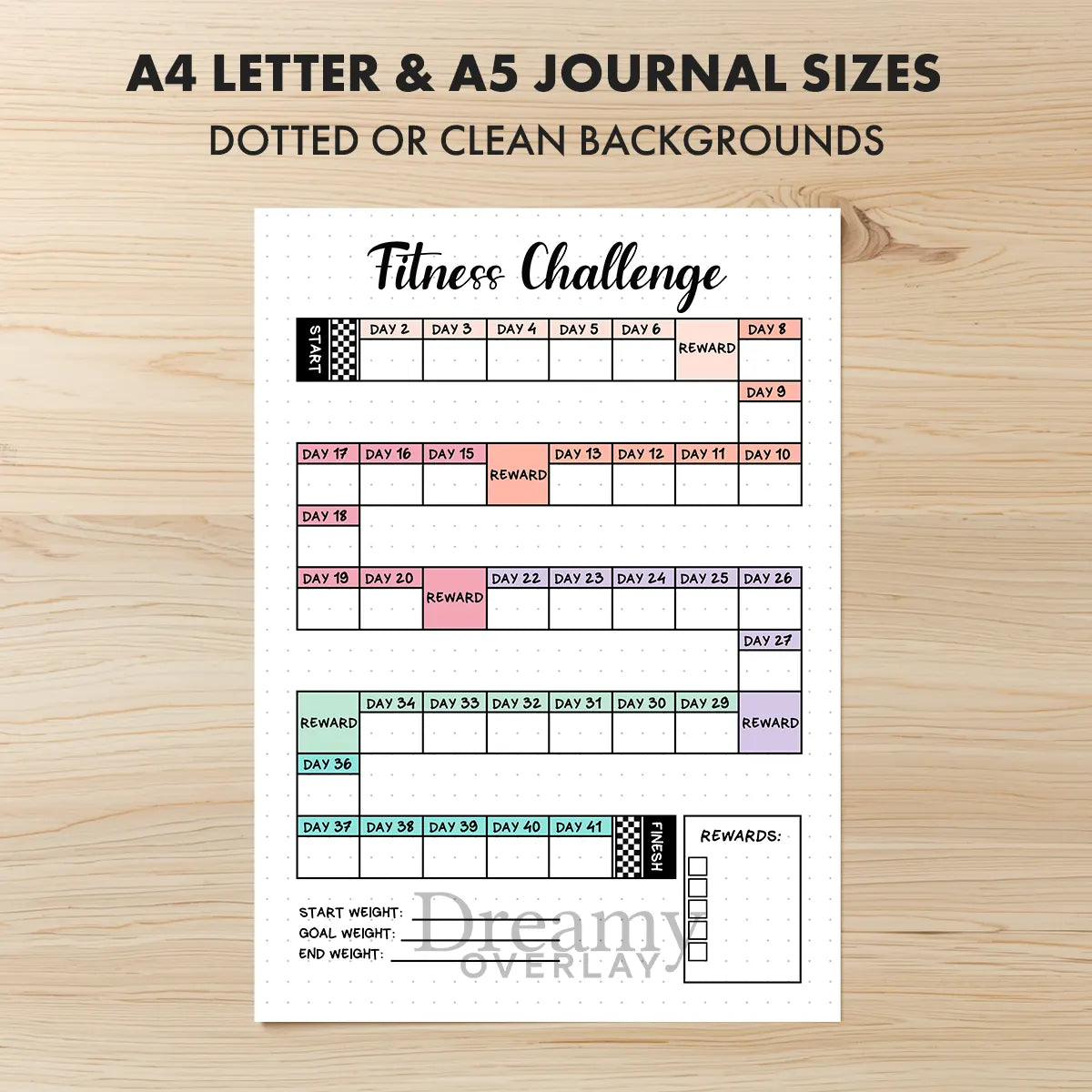 Printable fitness challenge tracker monthly printable journal page in A4, A5 and US Letter size