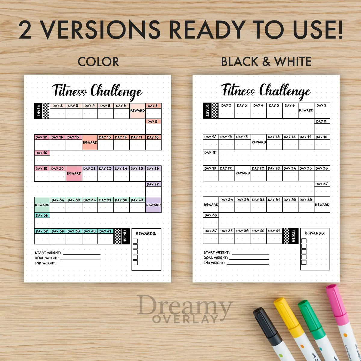 Printable fitness challenge tracker monthly printable journal page in A4, A5 and US Letter size