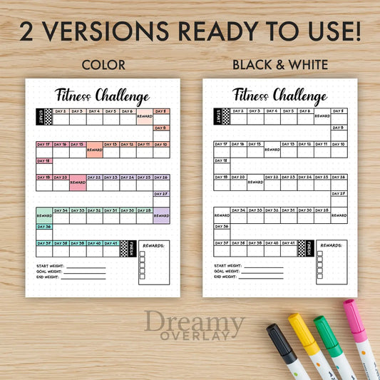 Printable fitness challenge tracker monthly printable journal page in A4, A5 and US Letter size