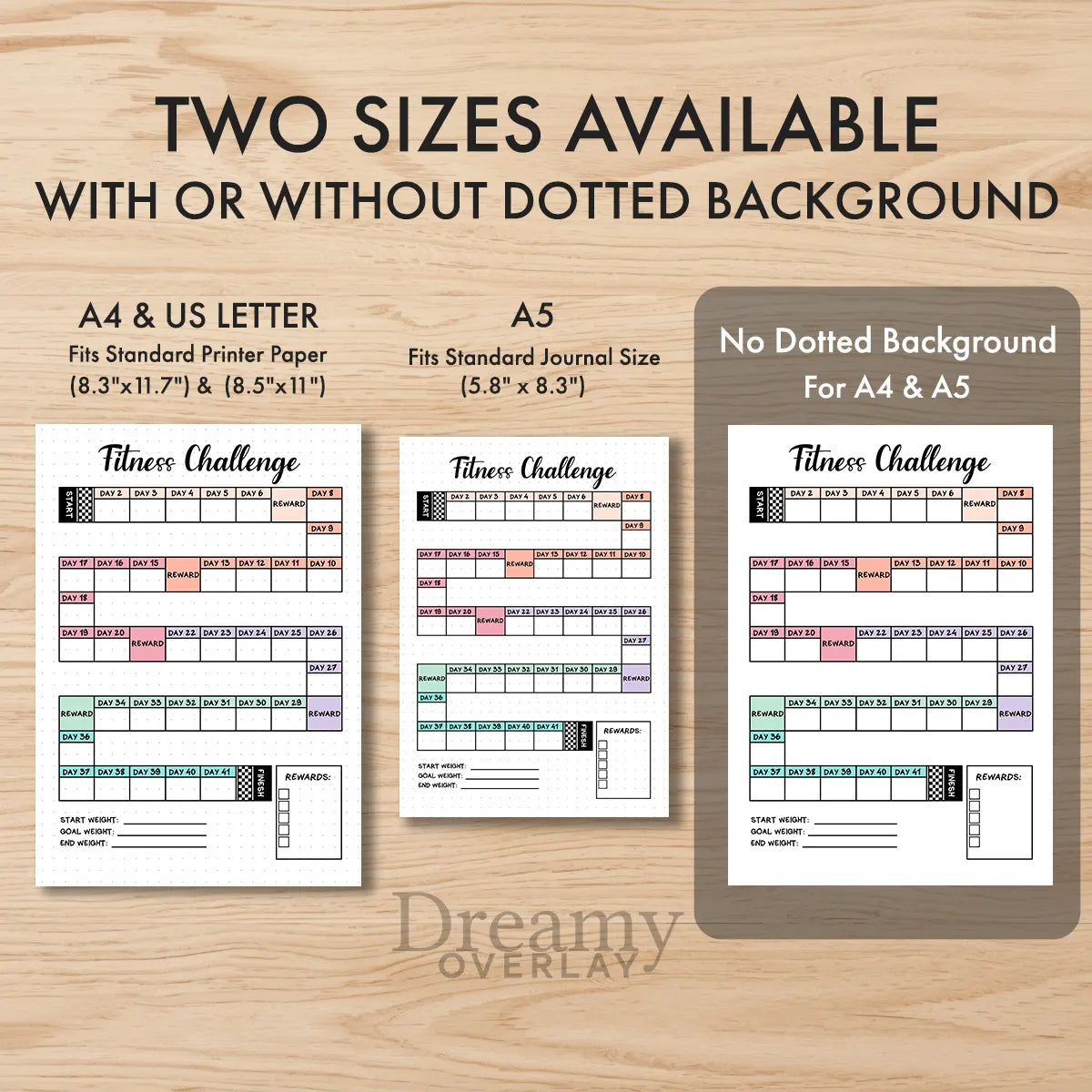 Printable fitness challenge tracker monthly printable journal page in A4, A5 and US Letter size