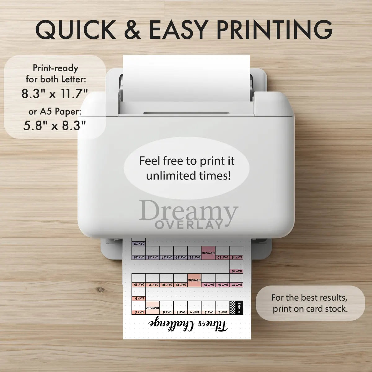 Printable fitness challenge tracker monthly printable journal page in A4, A5 and US Letter size