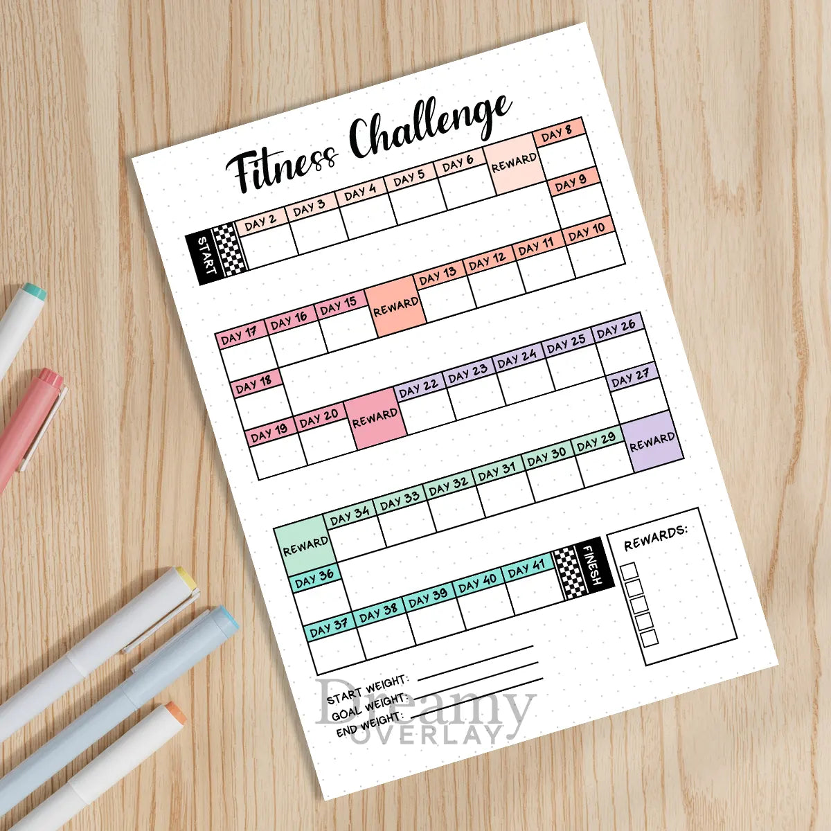 Printable fitness challenge tracker monthly printable journal page in A4, A5 and US Letter size