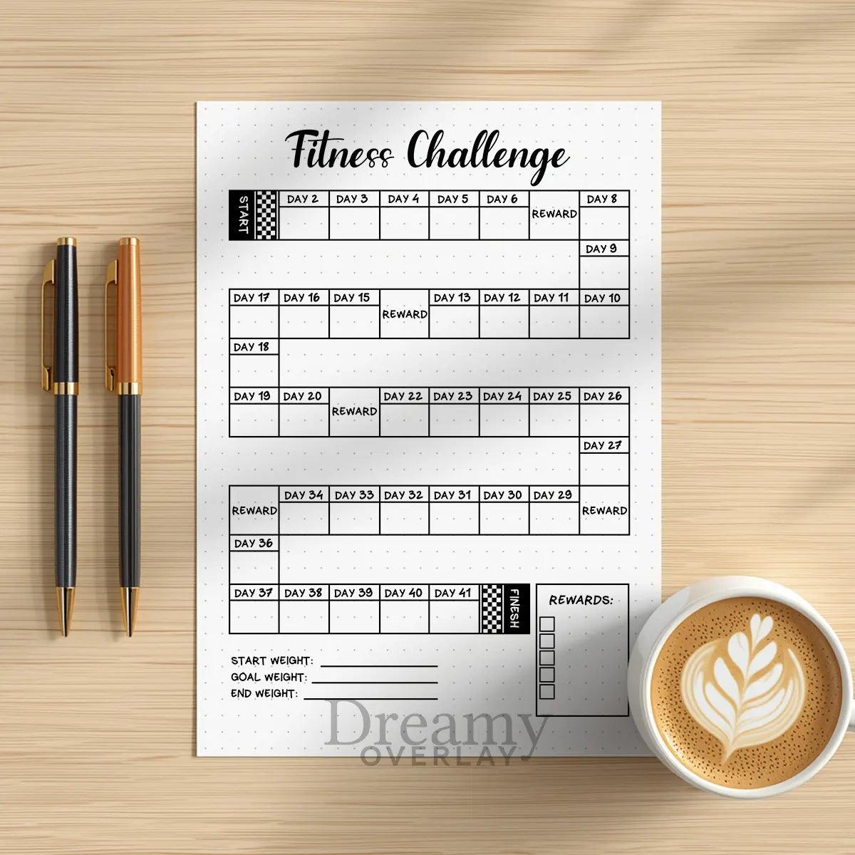 Printable fitness challenge tracker monthly printable journal page in A4, A5 and US Letter size