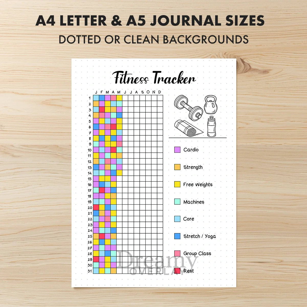 Printable fitness tracker yearly printable journal page in A4, A5 and US Letter size