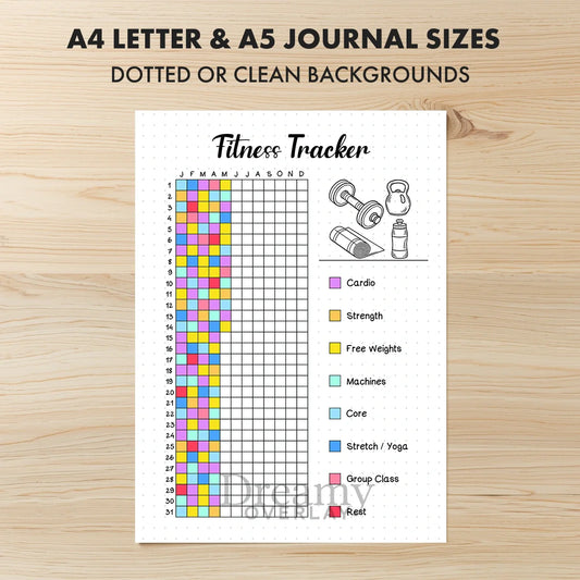 Printable fitness tracker yearly printable journal page in A4, A5 and US Letter size