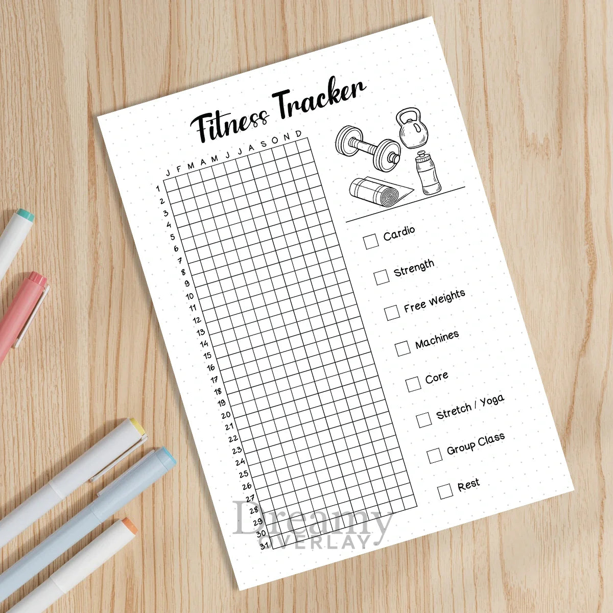 Printable fitness tracker yearly printable journal page in A4, A5 and US Letter size