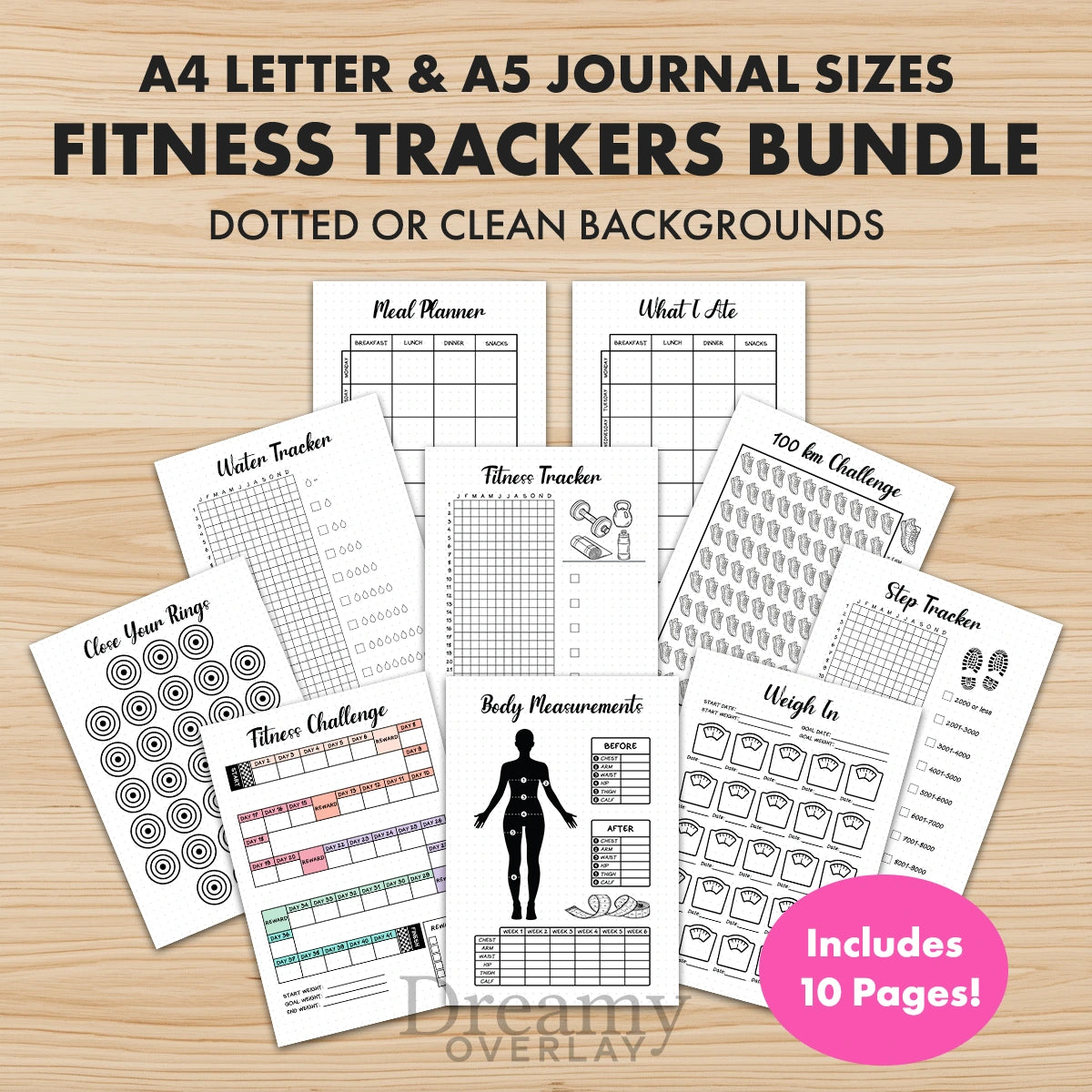 Printable fitness trackers bundle monthly printable journal page in A4, A5 and US Letter size
