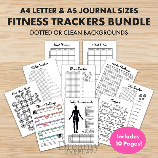 Printable fitness trackers bundle monthly printable journal page in A4, A5 and US Letter size
