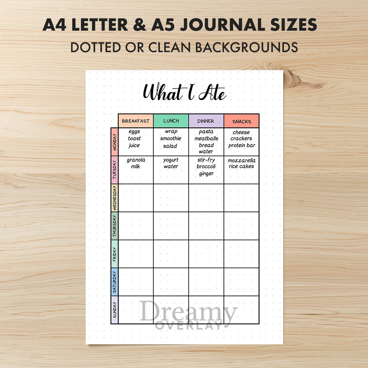 Printable food diary tracker monthly printable journal page in A4, A5 and US Letter size