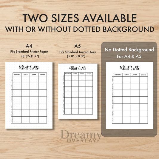 Printable food diary tracker monthly printable journal page in A4, A5 and US Letter size