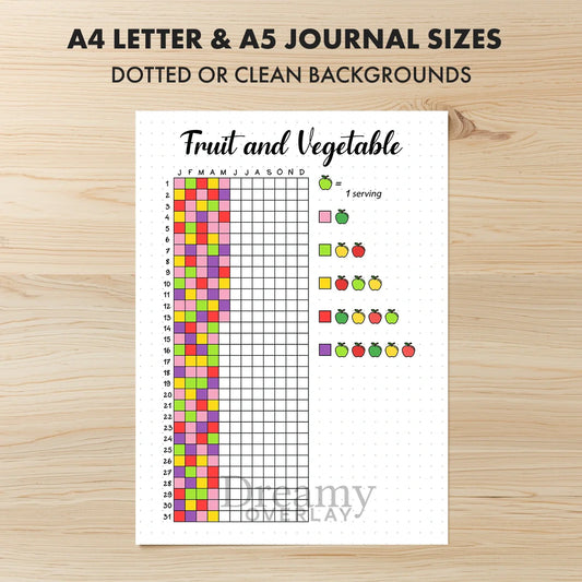 Printable fruit and vegetable tracker printable journal page in A4, A5 and US Letter size
