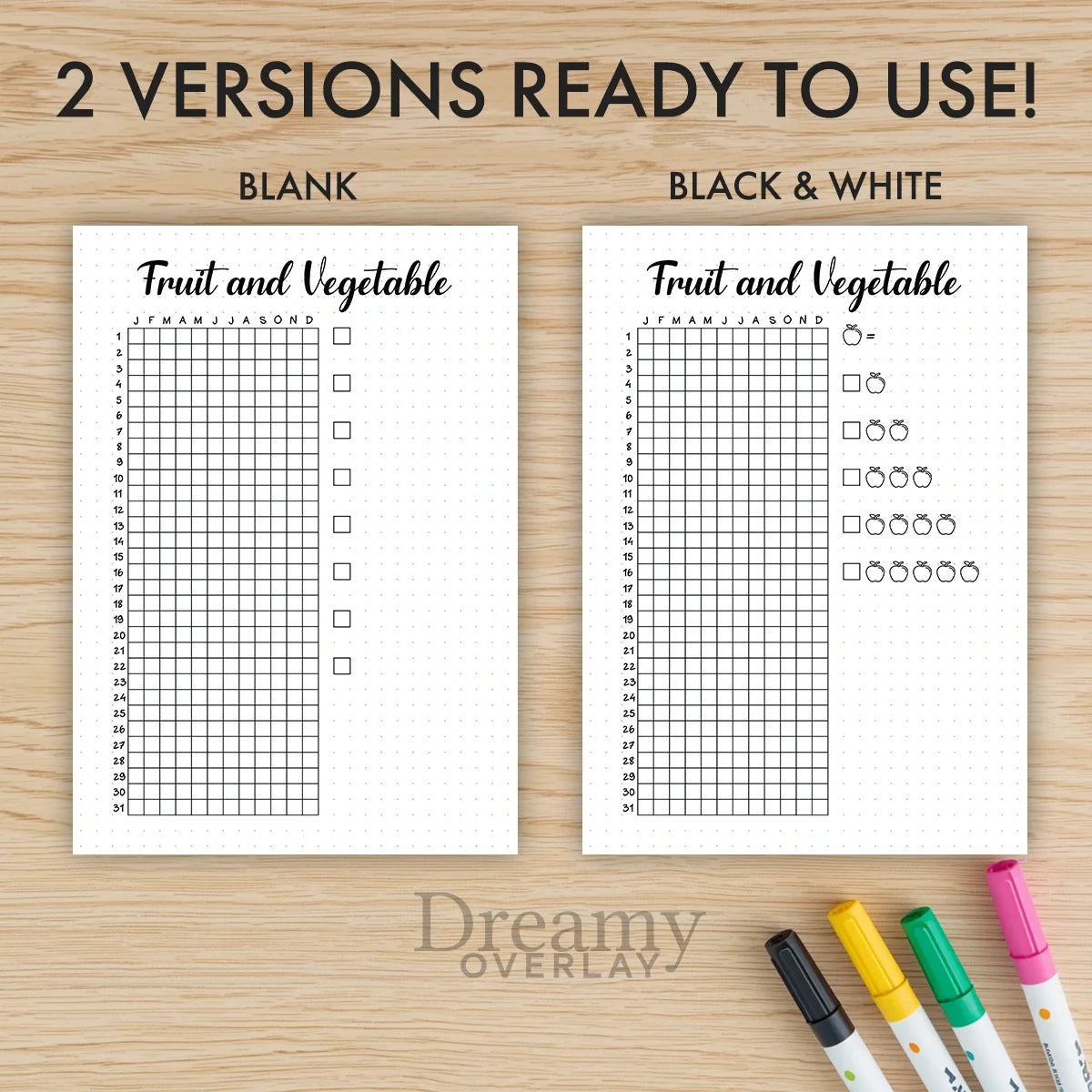 Printable fruit and vegetable tracker printable journal page in A4, A5 and US Letter size