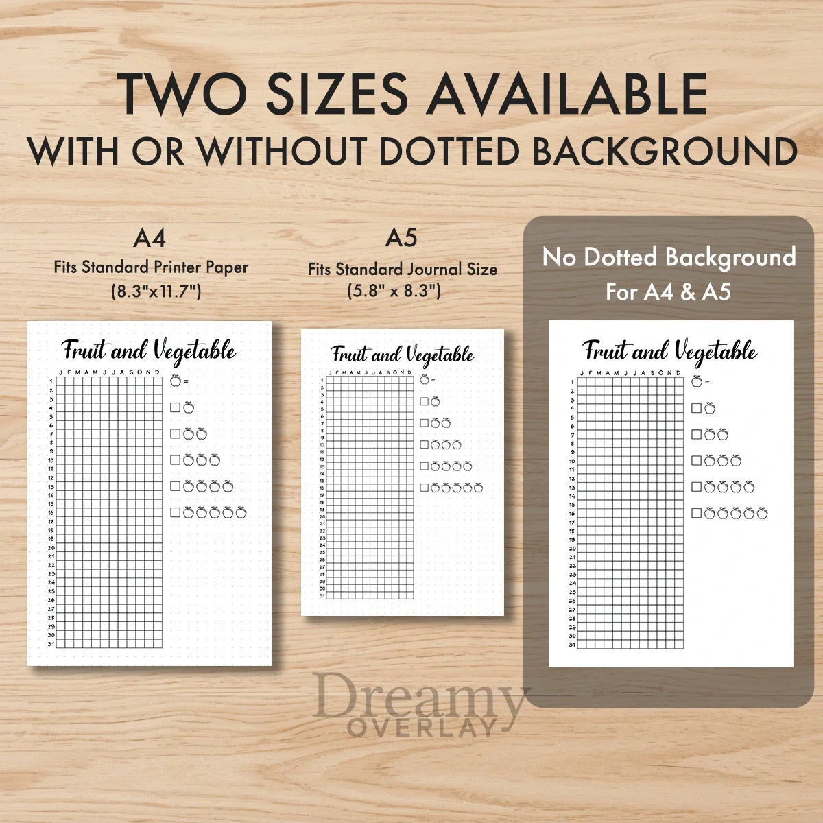 Printable fruit and vegetable tracker printable journal page in A4, A5 and US Letter size