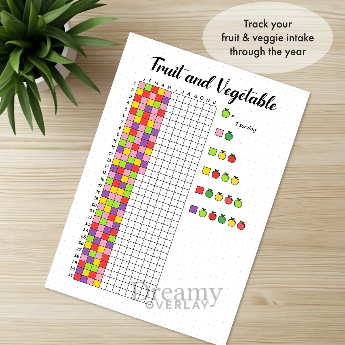 Printable fruit and vegetable tracker printable journal page in A4, A5 and US Letter size