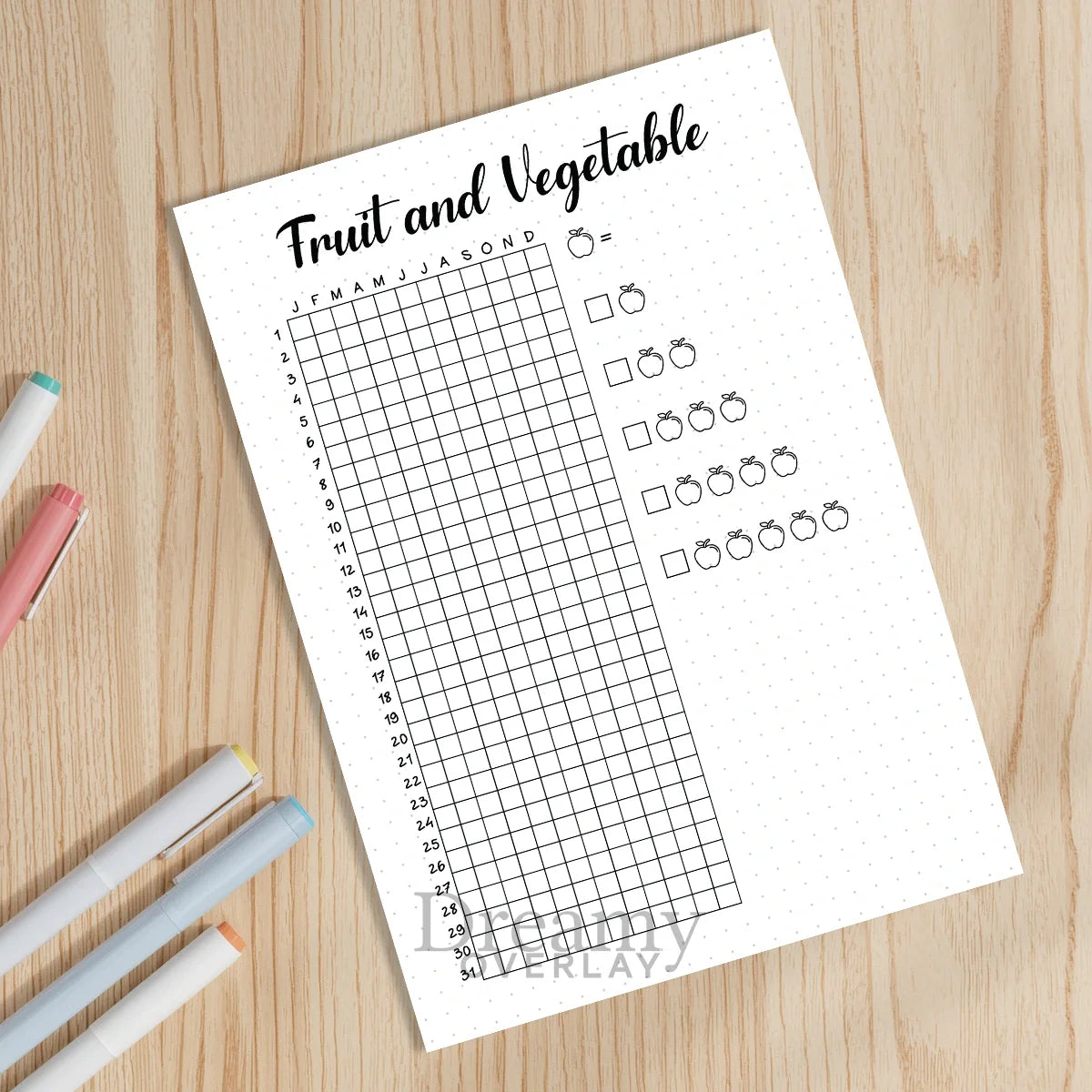Printable fruit and vegetable tracker printable journal page in A4, A5 and US Letter size
