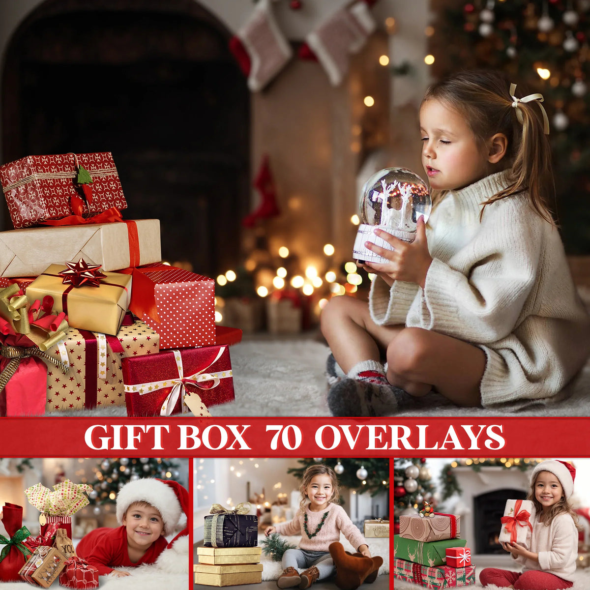 Gift Box Overlays for Photoshop - Birthday and Holiday Present Stack Effects