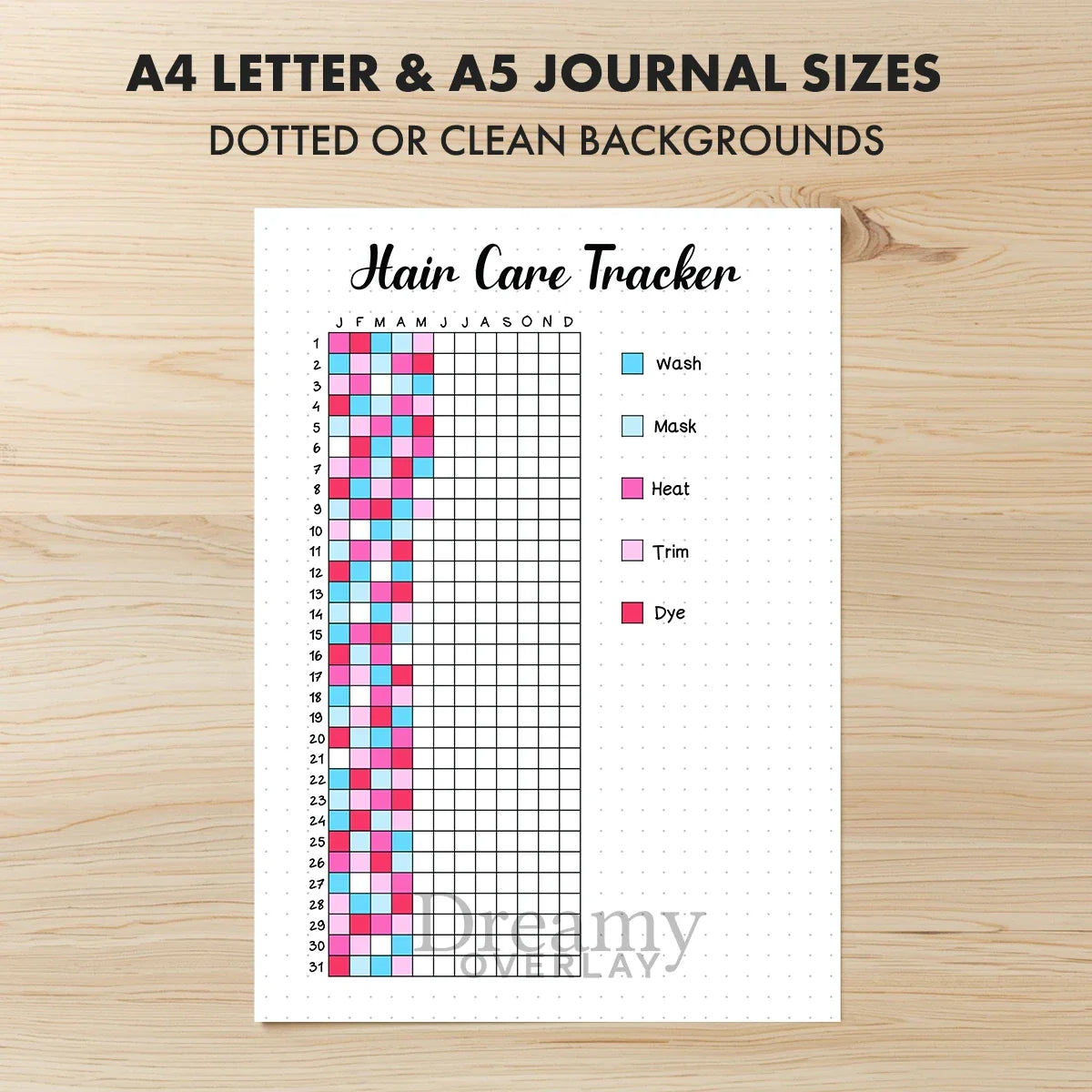 Printable hair care tracker journal page in A4, A5 and US Letter size