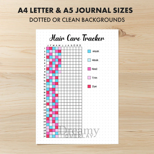 Printable hair care tracker journal page in A4, A5 and US Letter size