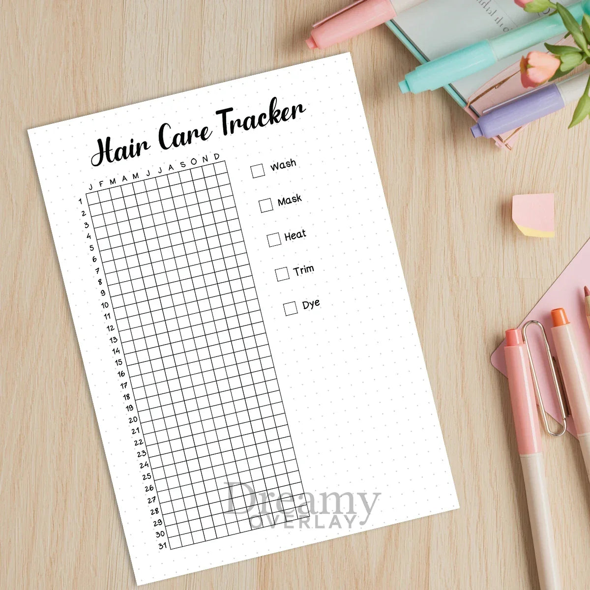 Printable hair care tracker journal page in A4, A5 and US Letter size
