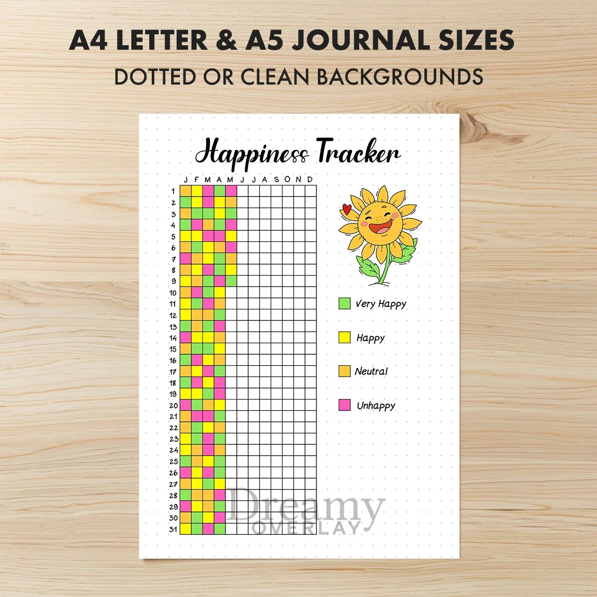 Printable happiness tracker journal page in A4, A5 and US Letter size