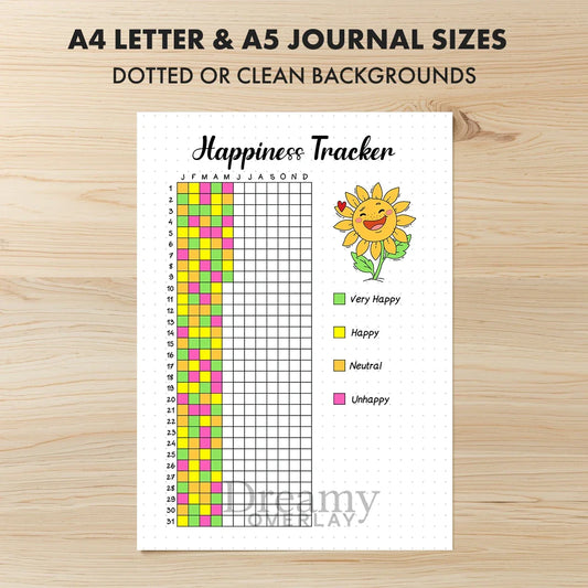 Printable happiness tracker journal page in A4, A5 and US Letter size