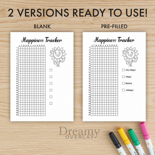 Printable happiness tracker journal page in A4, A5 and US Letter size