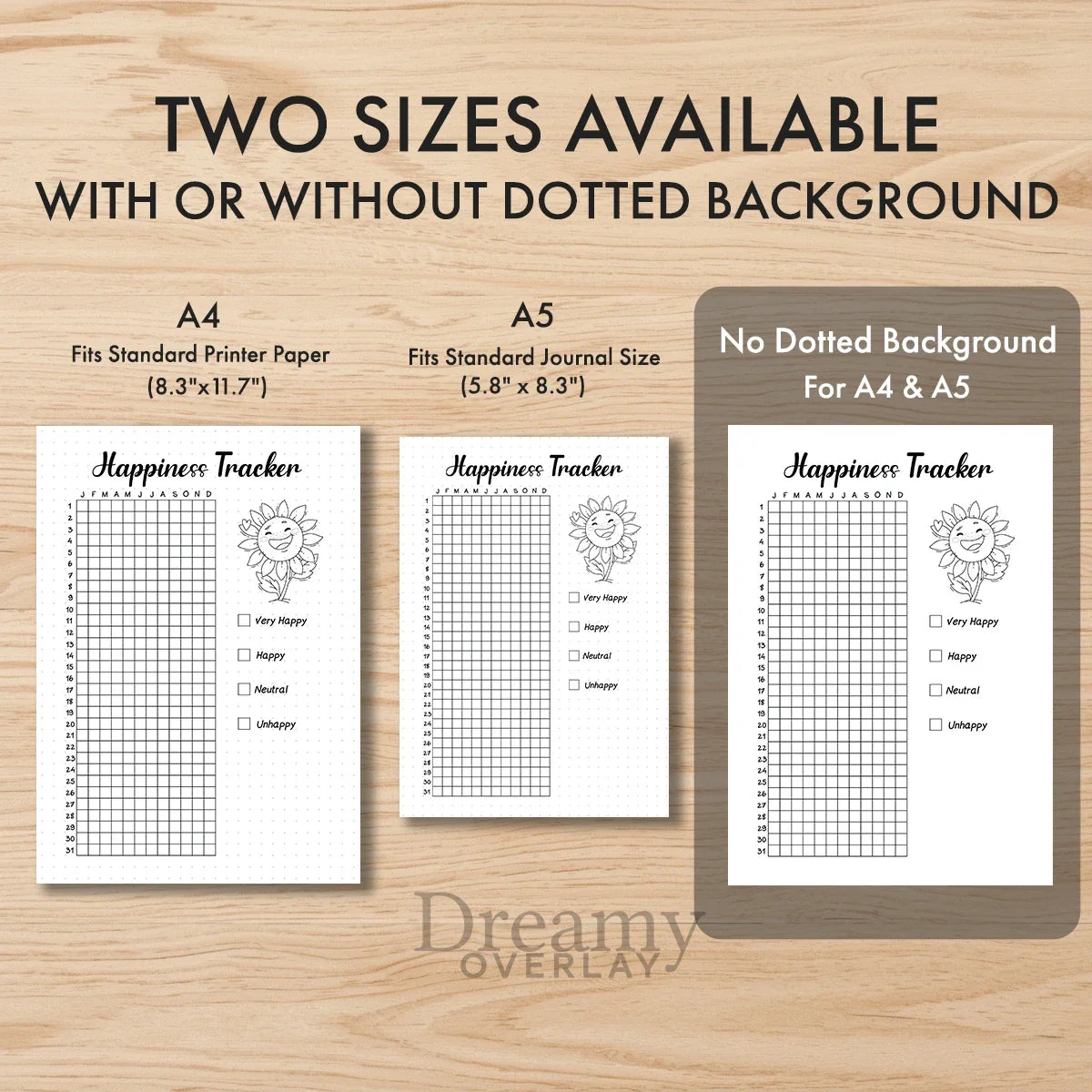 Printable happiness tracker journal page in A4, A5 and US Letter size