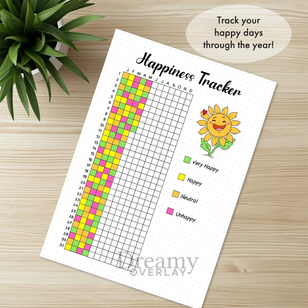 Printable happiness tracker journal page in A4, A5 and US Letter size
