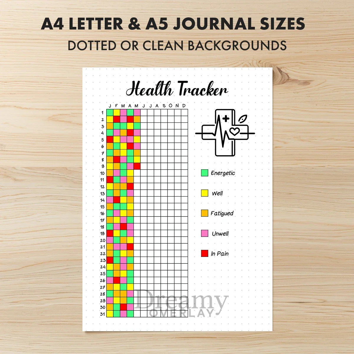 Printable health tracker journal page in A4, A5 and US Letter size