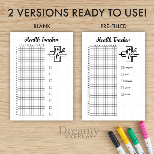 Printable health tracker journal page in A4, A5 and US Letter size