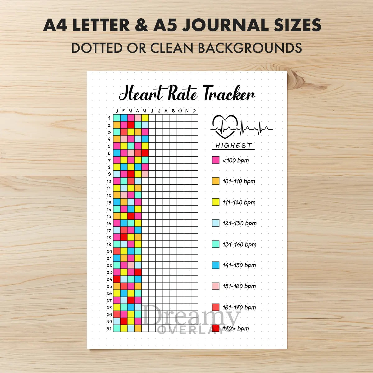 Printable heart rate tracker printable journal page in A4, A5 and US Letter size