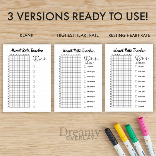 Printable heart rate tracker printable journal page in A4, A5 and US Letter size