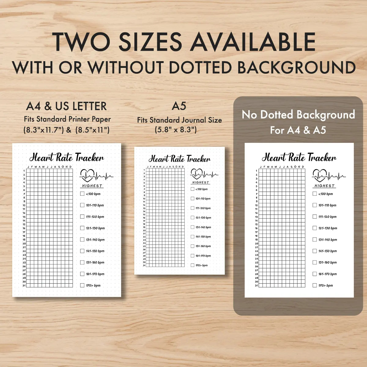 Printable heart rate tracker printable journal page in A4, A5 and US Letter size