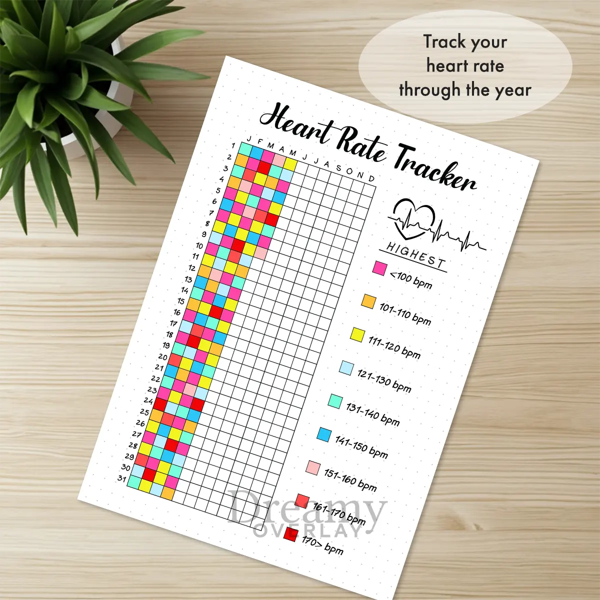 Printable heart rate tracker printable journal page in A4, A5 and US Letter size