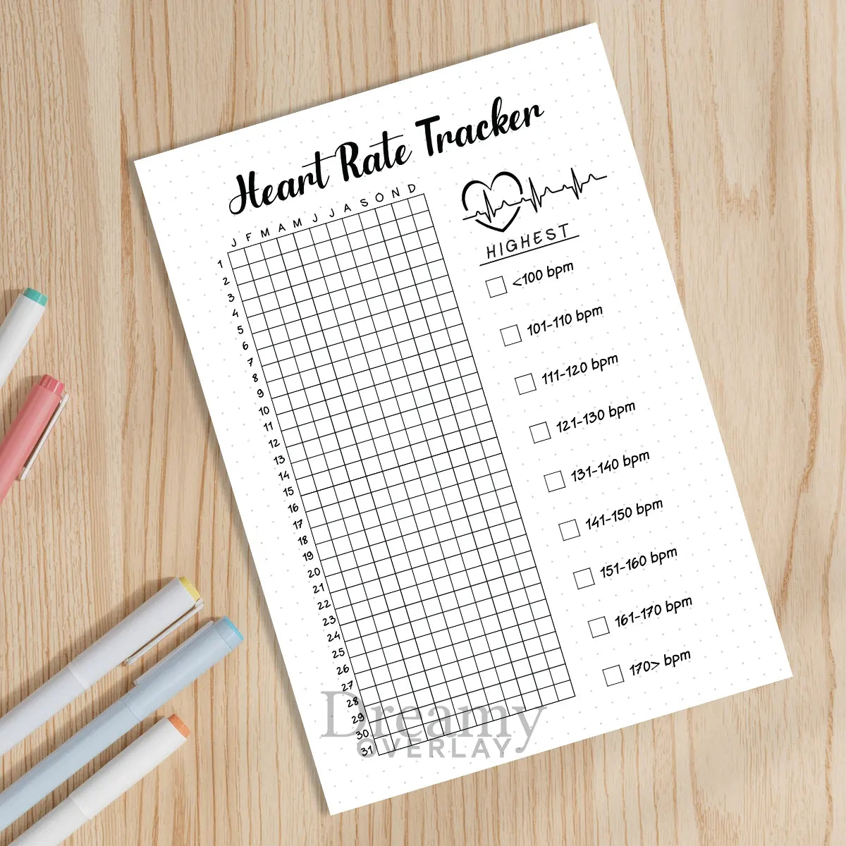 Printable heart rate tracker printable journal page in A4, A5 and US Letter size